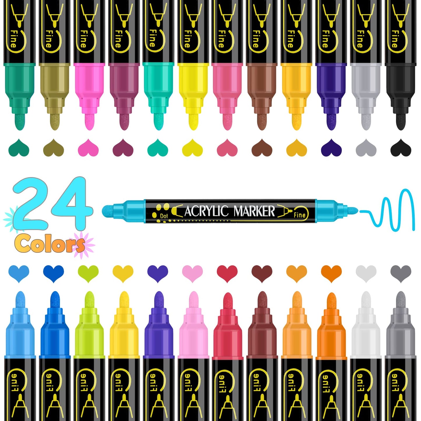 Betem 24 Colors Dual Tip Acrylic Paint Pens Markers, Premium